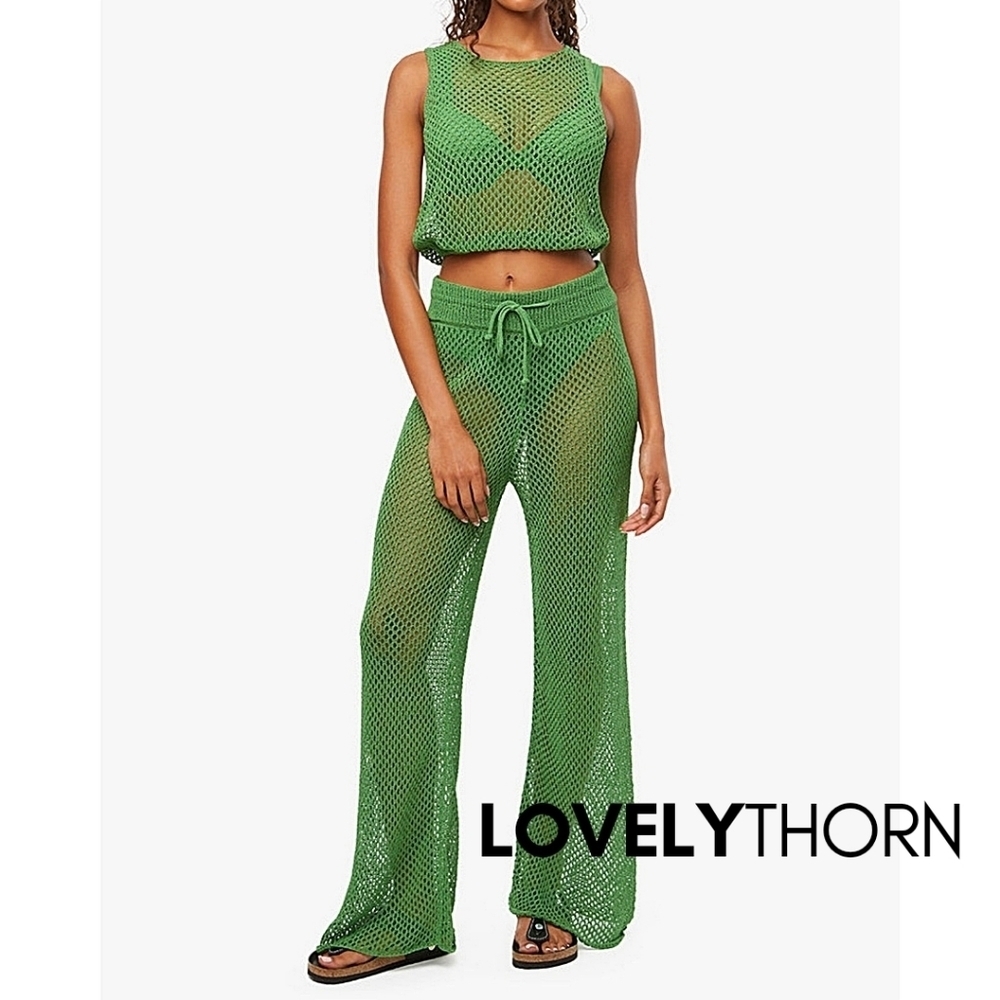 WE WORE WHAT // green crochet drawcord cover-up wide leg Danielle Bernstein - Picture 6 of 10